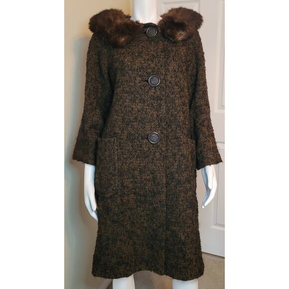 Vintage 1950s Brown Boucle Wool Coat w/ Fur Collar Womens Sz. M Union Made ILGWU - Picture 1 of 8